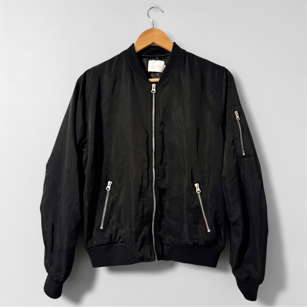 Women’s Lush Black Bomber Jacket with Silver Zippers Medium